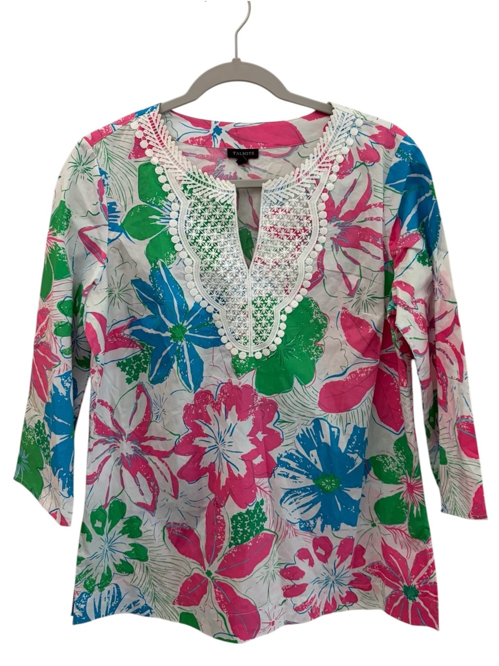 Talbots Tropical Resortwear 100% Cotton 3/4 Sleeves Tunic Blouse Size Medium